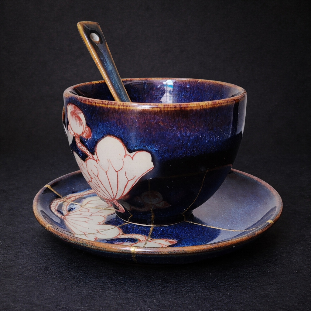 Handcrafted Deep Cosmic Blue Lotus Kintsugi Tea & Coffee Set