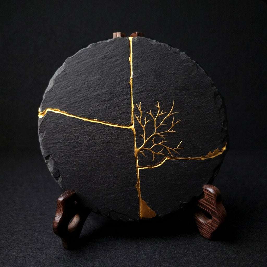 Handcrafted Natural Black Slate Kintsugi Dish with Wooden Display Stand