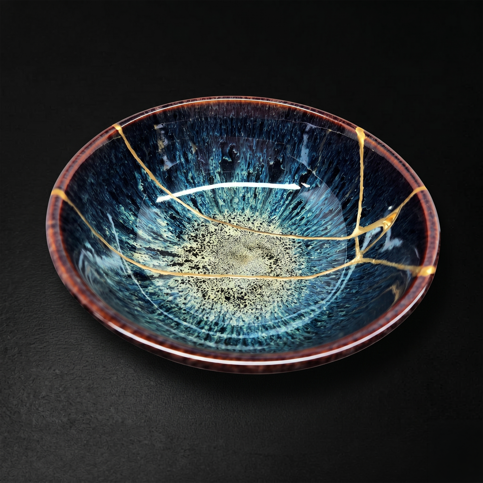 Handcrafted Sapphire Blue Reactive Kintsugi Ceramic Bowl