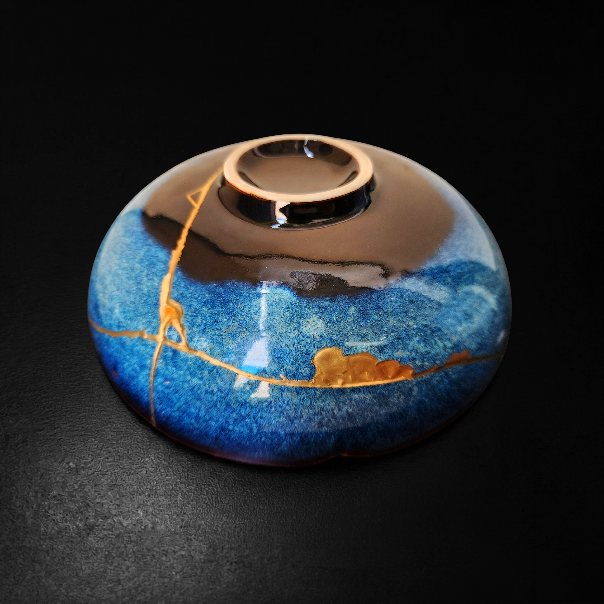 Handcrafted Cosmic Blue Lotus Drop Kintsugi Ceramic Dish