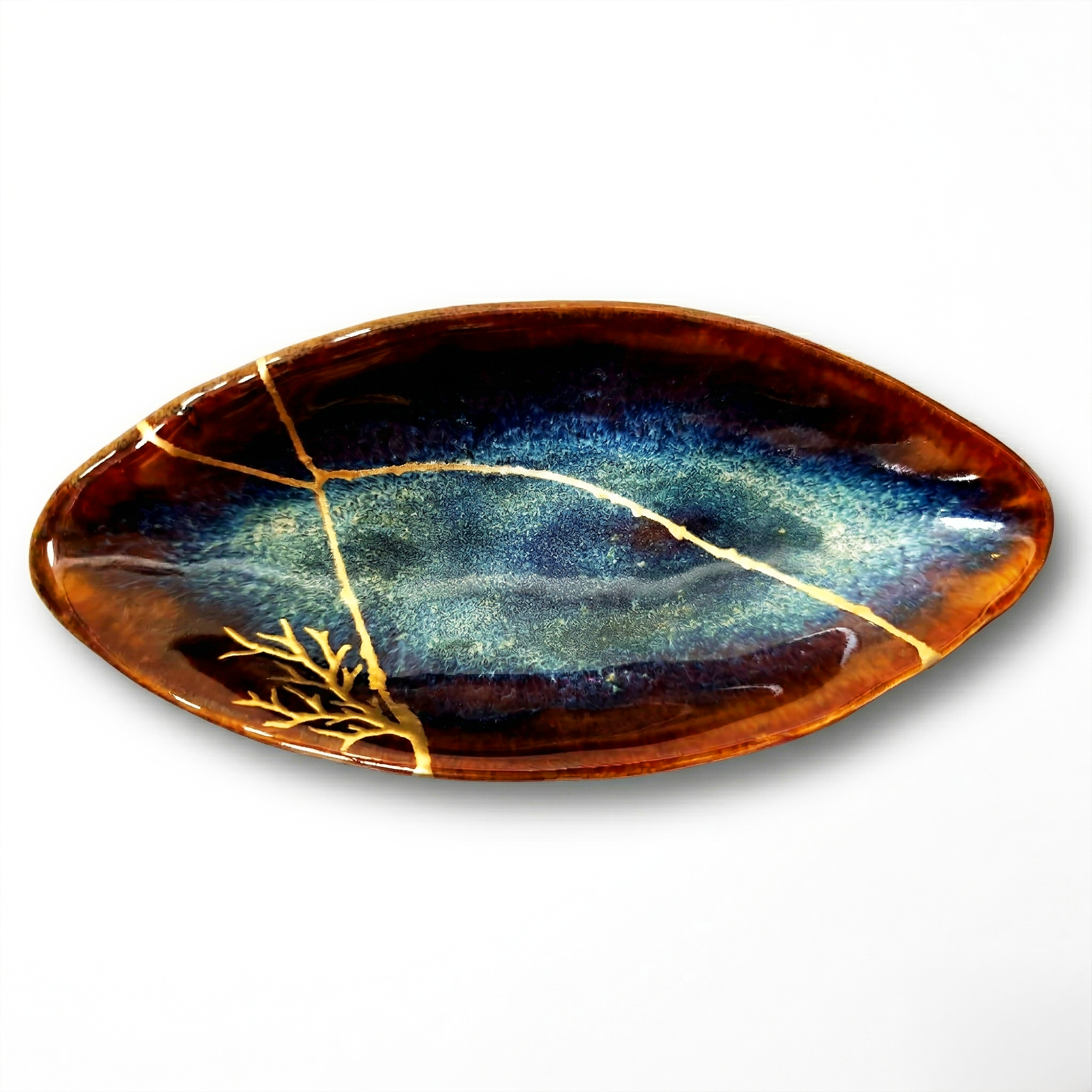 Handcrafted Deep Cosmic Blue Kintsugi Oval Boat Dish