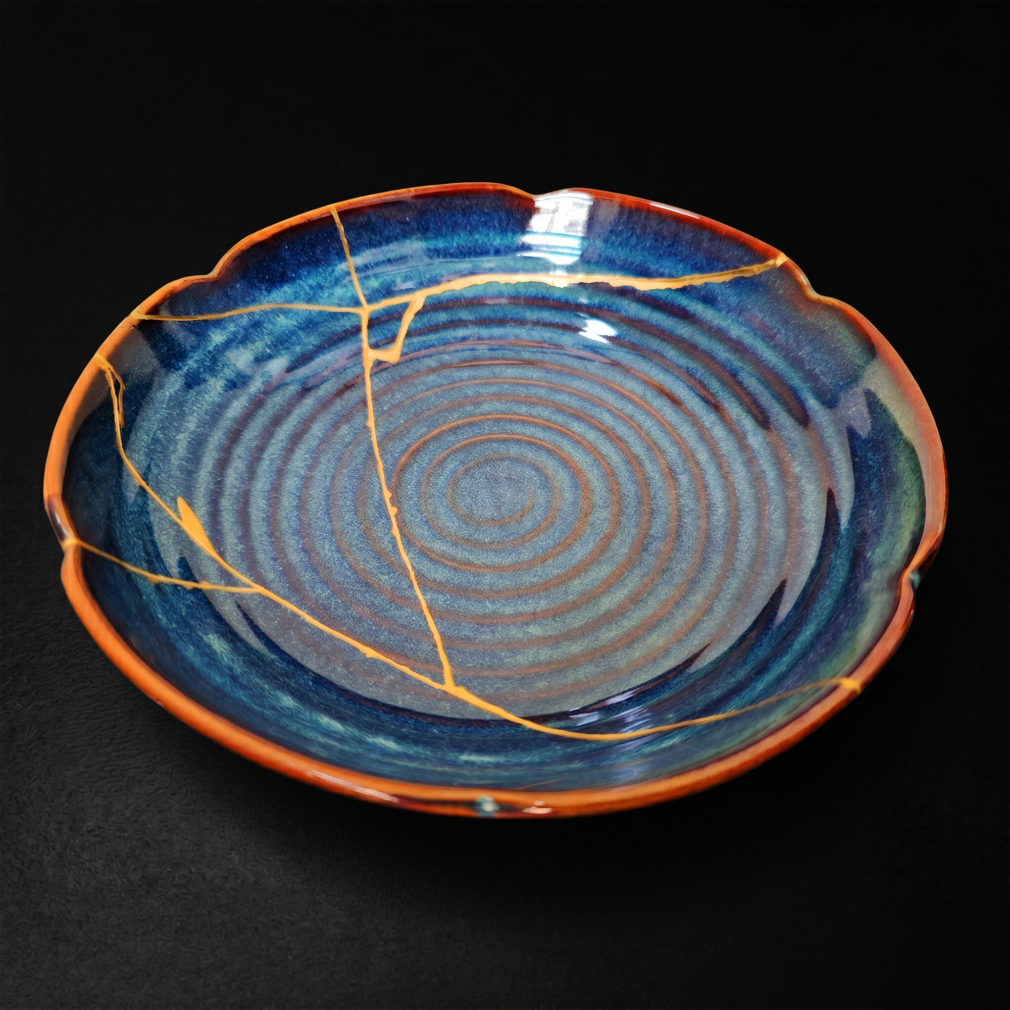 Handcrafted Cosmic Blue Lotus Drop Kintsugi Ceramic Dish