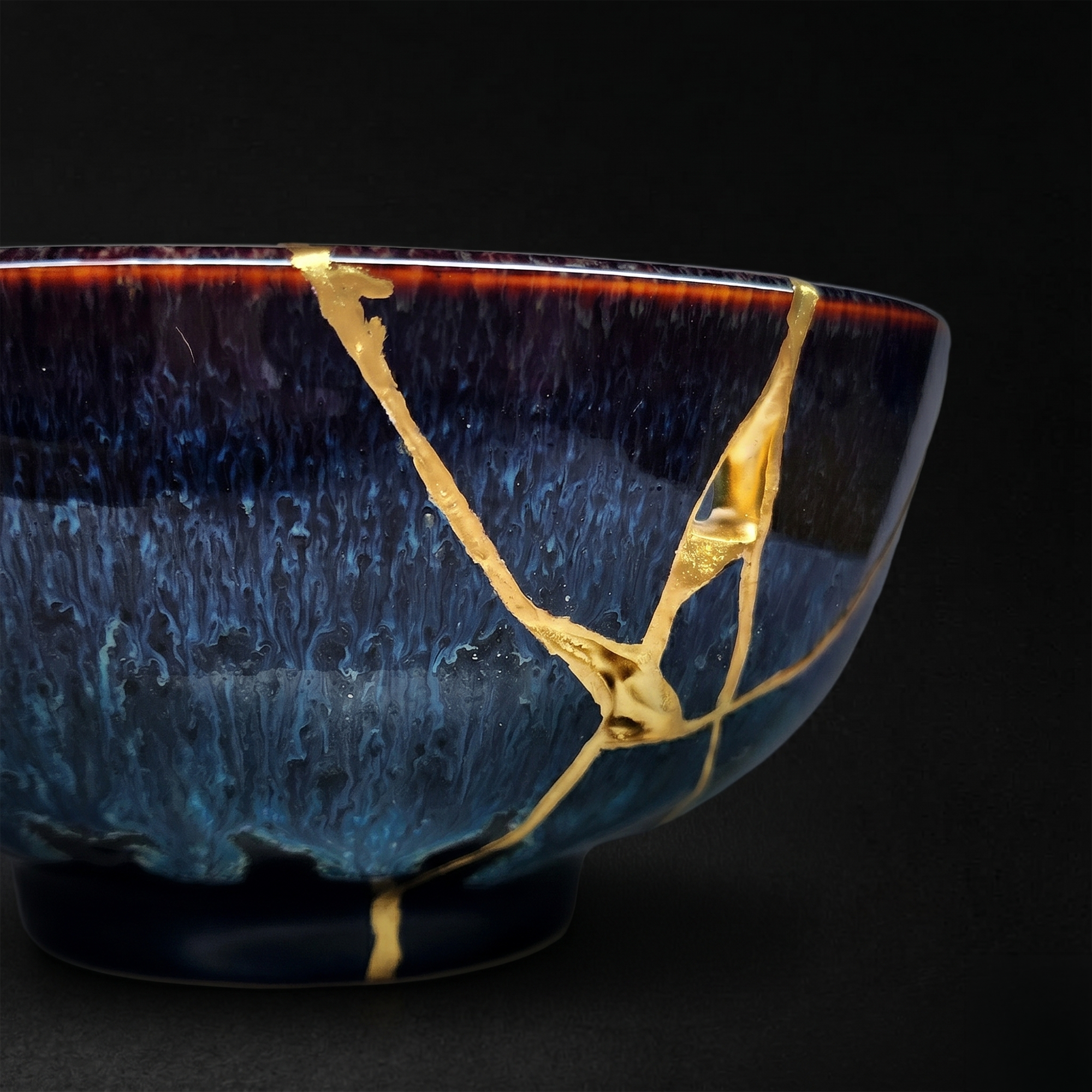 Handcrafted Sapphire Blue Reactive Kintsugi Ceramic Bowl