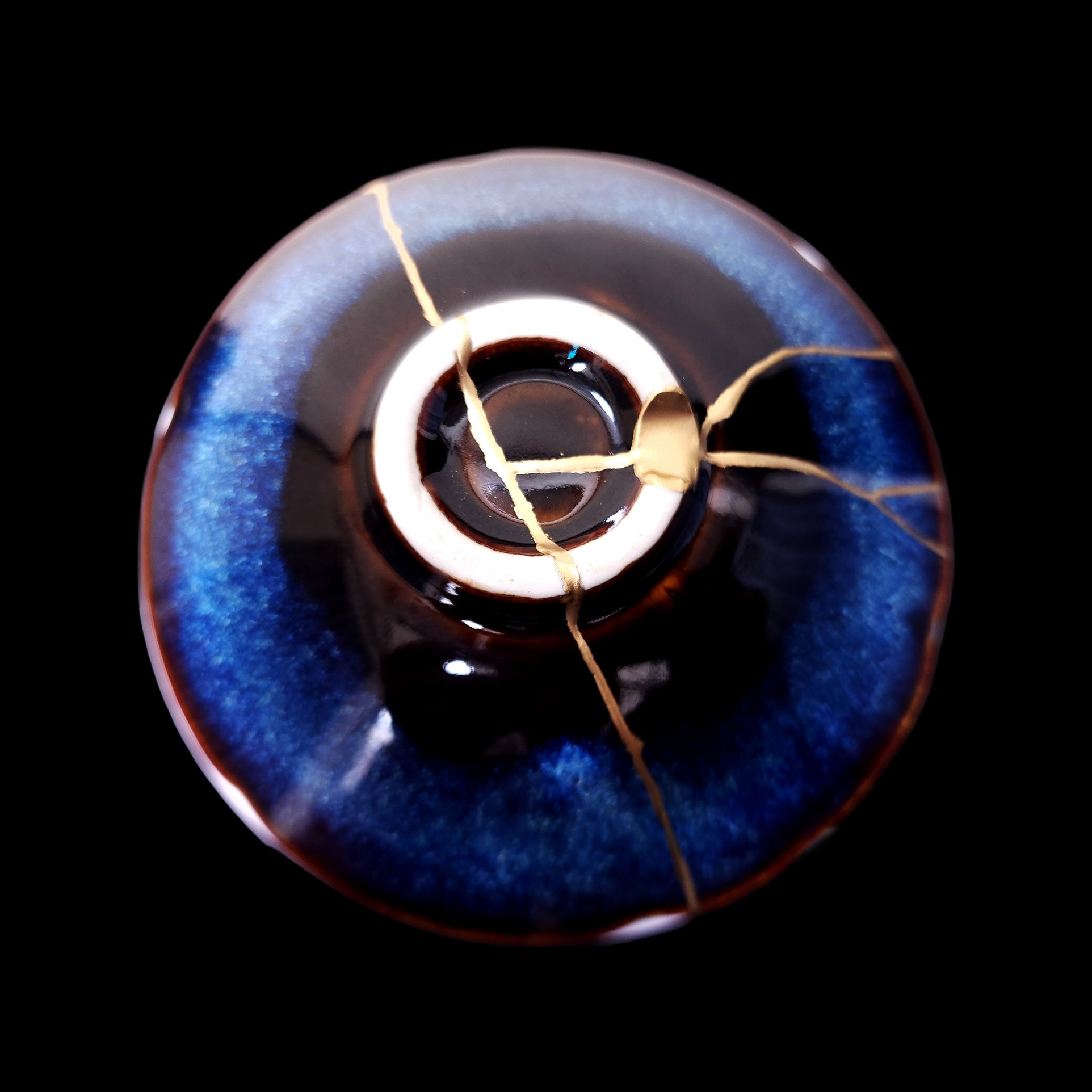 Kintsugi Blue Reactive Glaze Lotus Plate, Wabi-Sabi Ceramic Art