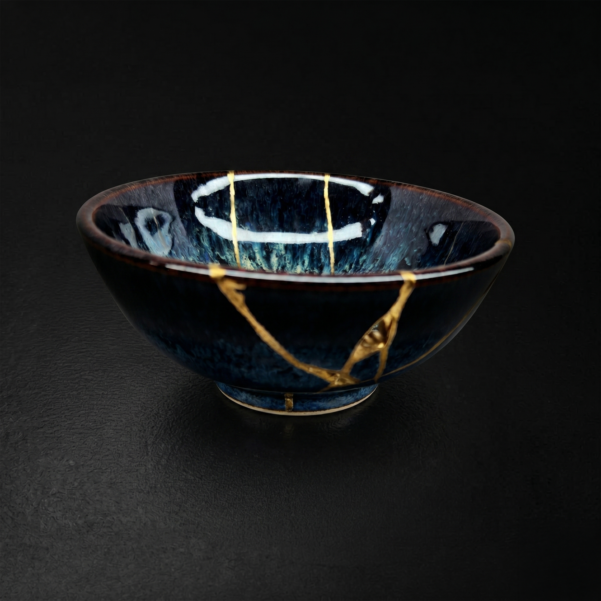 Handcrafted Sapphire Blue Reactive Kintsugi Ceramic Bowl