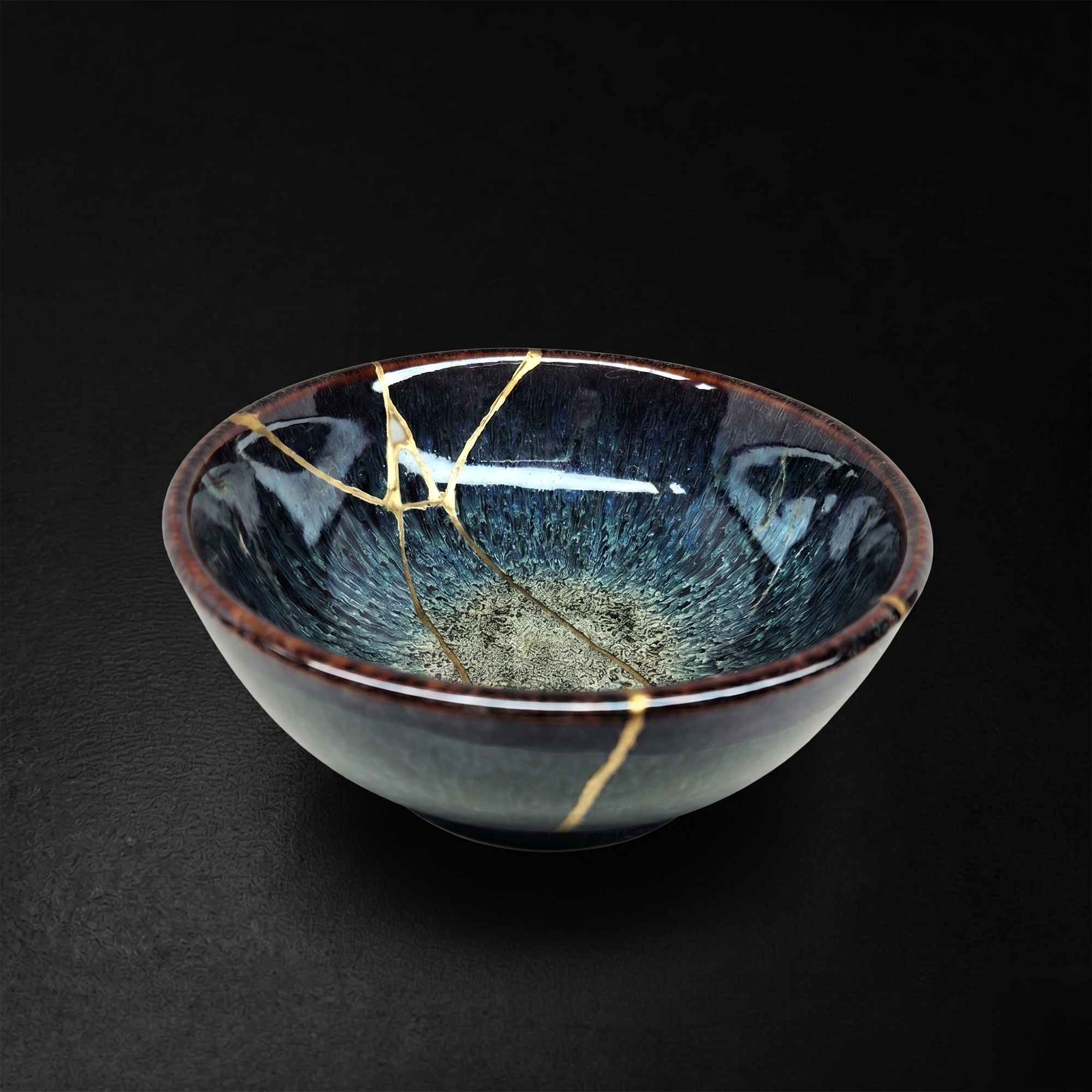 Handcrafted Sapphire Blue Reactive Kintsugi Ceramic Bowl