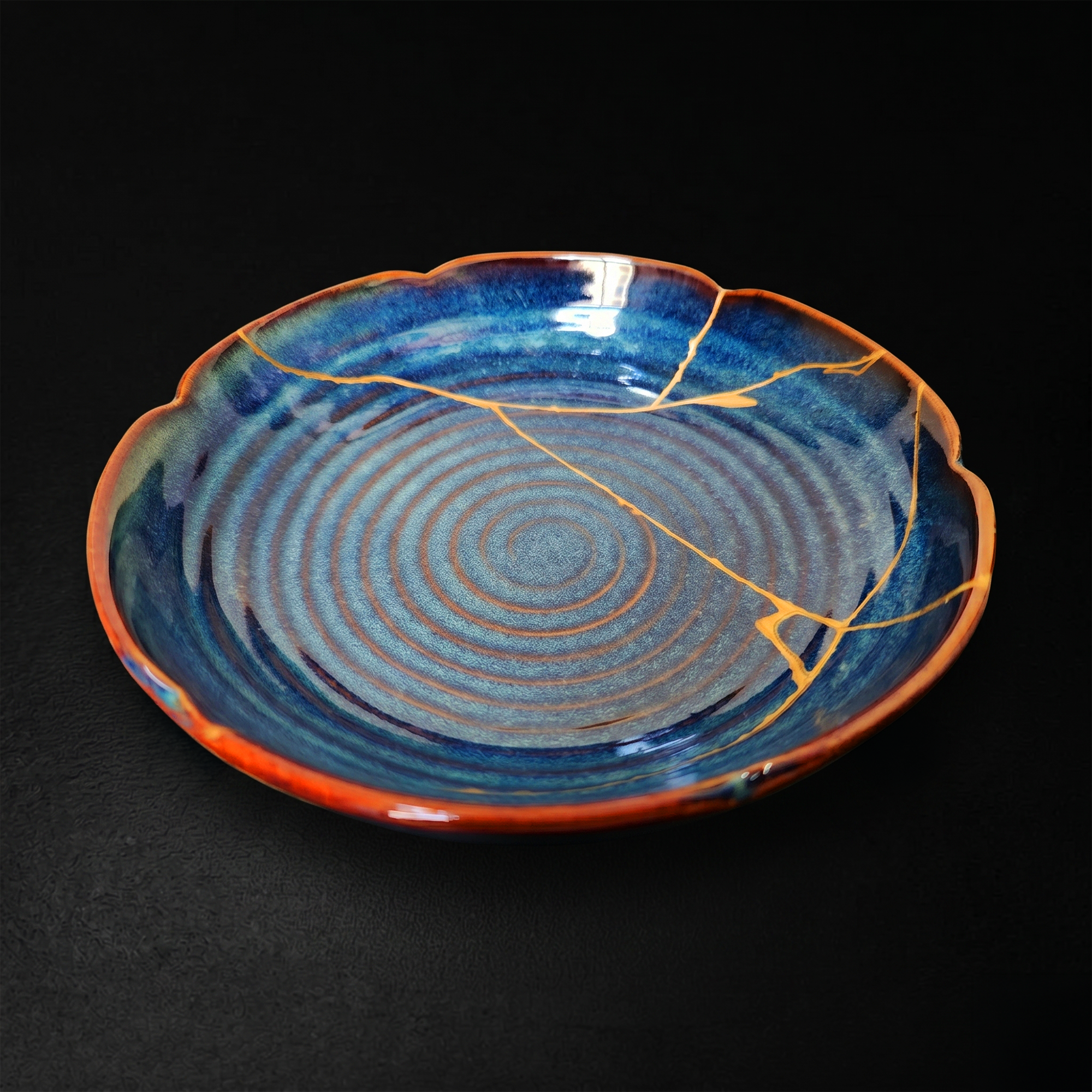 Handcrafted Cosmic Blue Lotus Drop Kintsugi Ceramic Dish