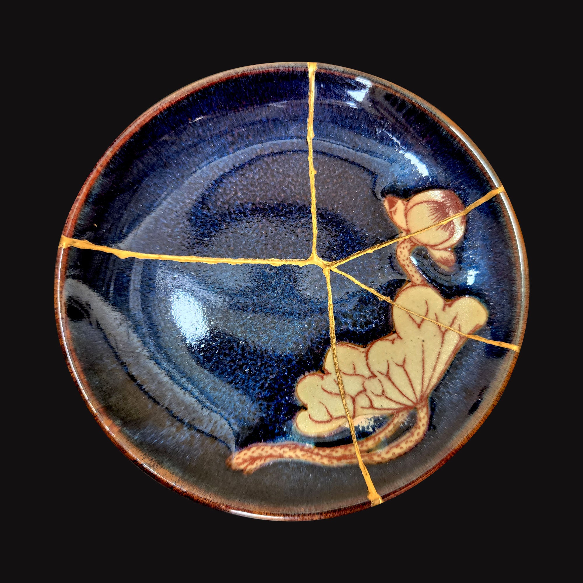 Handcrafted Deep Cosmic Blue Lotus Kintsugi Tea & Coffee Set