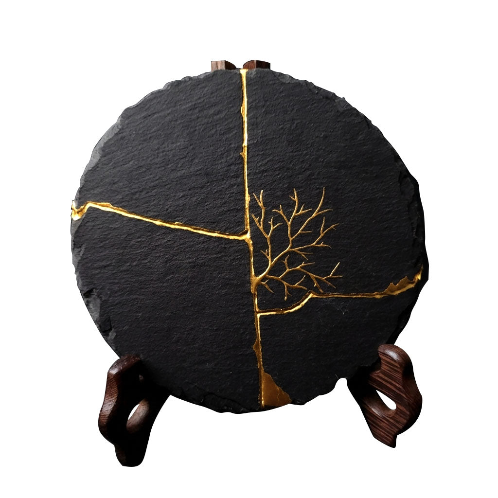 Handcrafted Natural Black Slate Kintsugi Dish with Wooden Display Stand