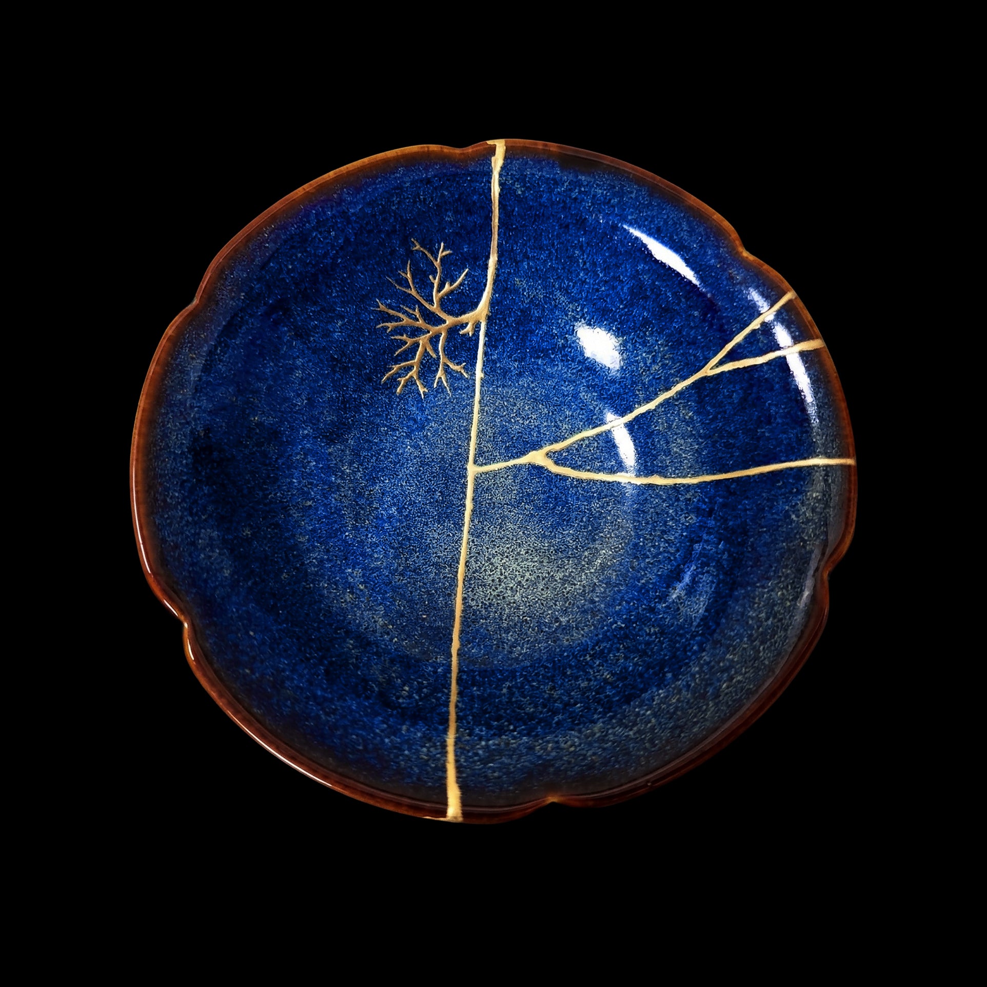 Kintsugi Blue Reactive Glaze Lotus Plate, Wabi-Sabi Ceramic Art