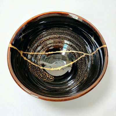 Handcrafted Midnight Obsidian Kintsugi Ceramic Bowl
