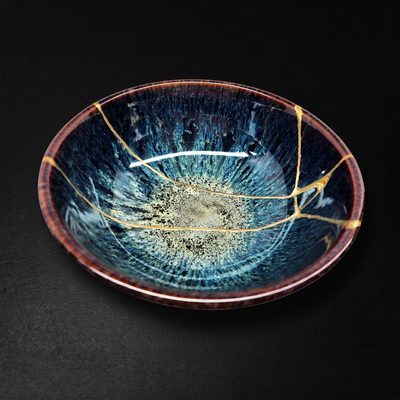 Handcrafted Sapphire Blue Reactive Kintsugi Ceramic Bowl