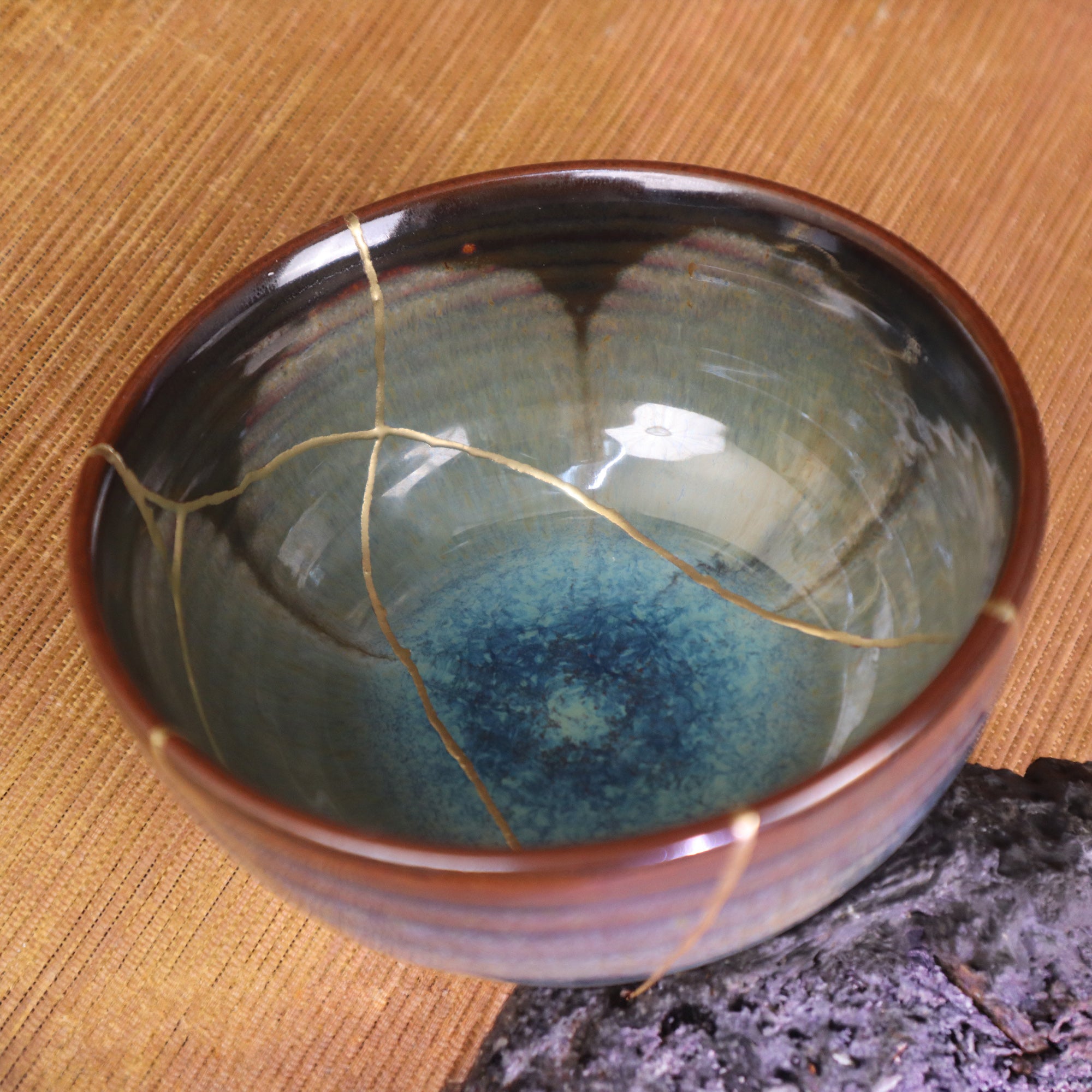 Kintsugi Blossom Bowl | Reactive Kiln-Glazed Bat Trang Ceramic | Wabi-Sabi Gold Repair Art & Zen Tea Bowl (11x6cm)