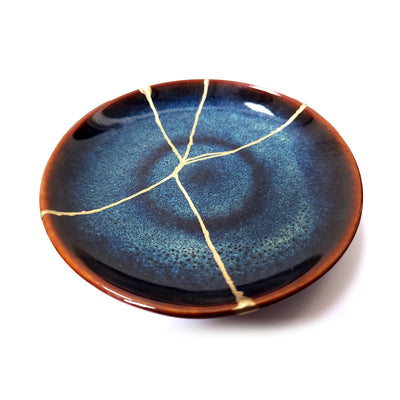 Handcrafted Deep Cosmic Blue Kintsugi Ceramic Dish