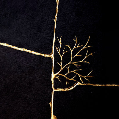 Handcrafted Natural Black Slate Kintsugi Dish with Wooden Display Stand