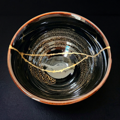 Handcrafted Midnight Obsidian Kintsugi Ceramic Bowl