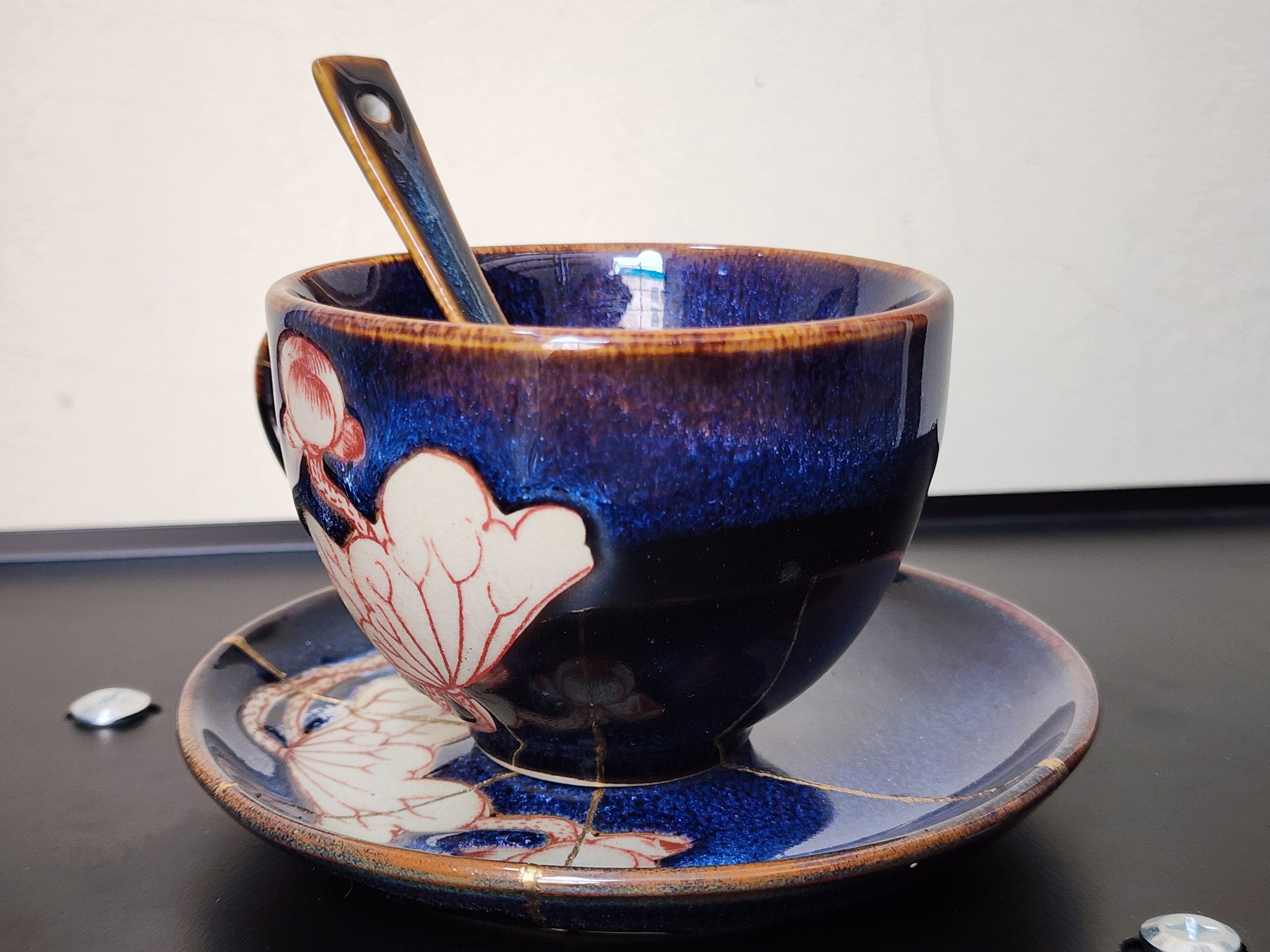 Handcrafted Deep Cosmic Blue Lotus Kintsugi Tea & Coffee Set