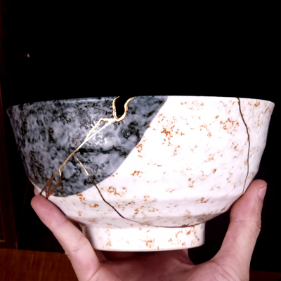 Cloud Mist Kintsugi Bowl - Handcrafted Stone-Flecked Decorative Bowl (17 x 9 cm)