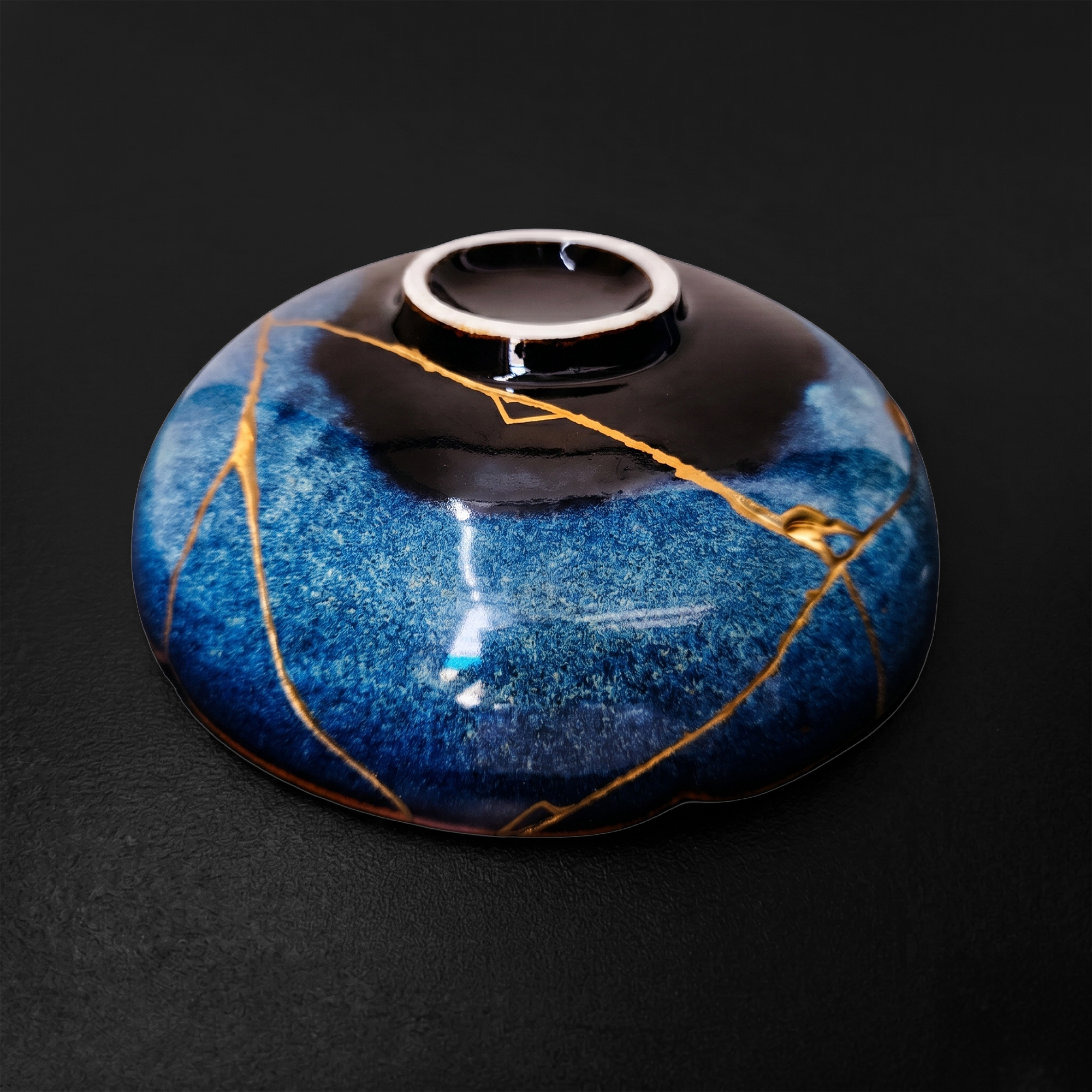 Handcrafted Cosmic Blue Lotus Drop Kintsugi Ceramic Dish