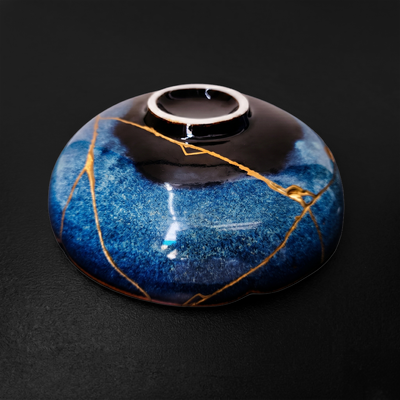 Handcrafted Cosmic Blue Lotus Drop Kintsugi Ceramic Dish