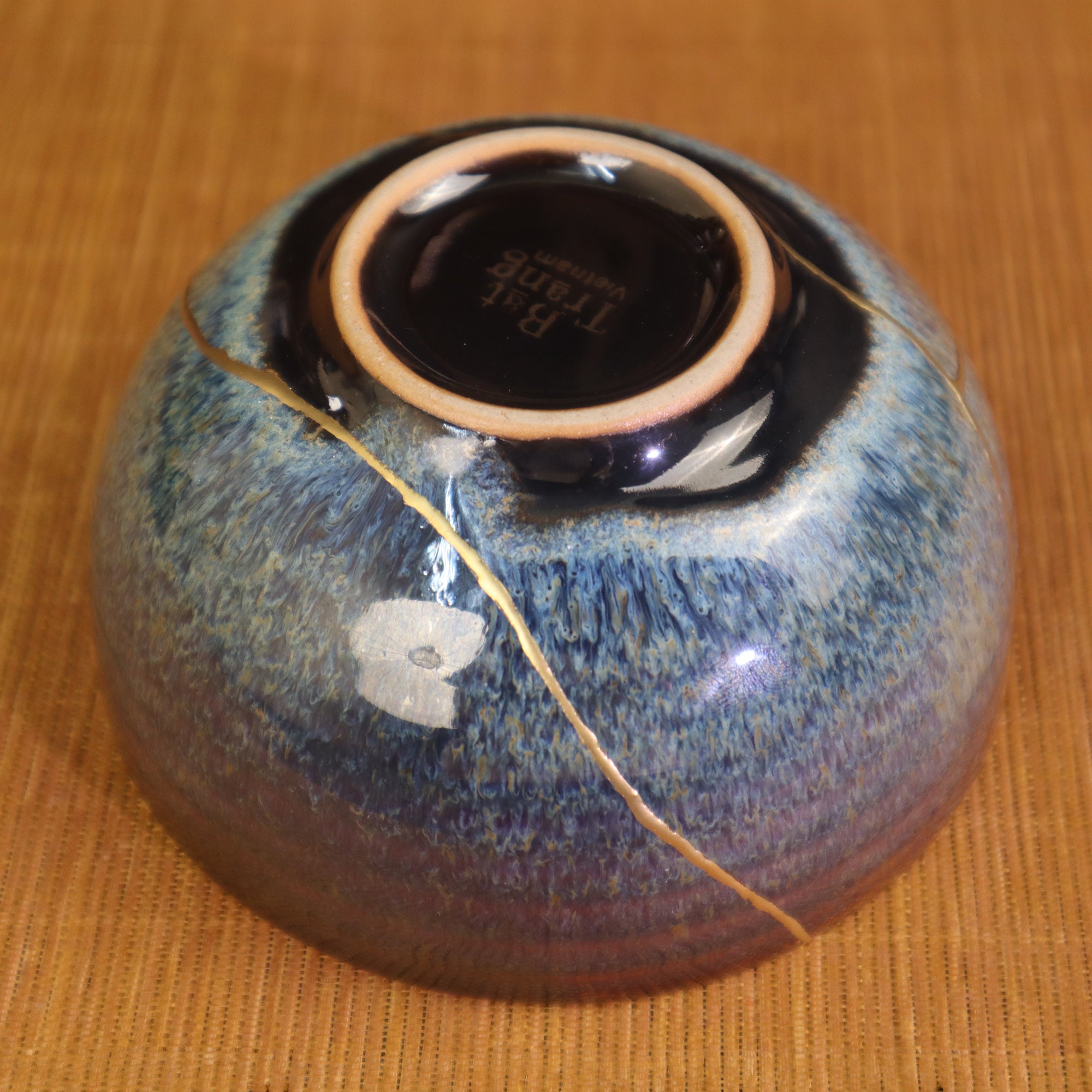 Kintsugi Blossom Bowl | Reactive Kiln-Glazed Bat Trang Ceramic | Wabi-Sabi Gold Repair Art & Zen Tea Bowl (11x6cm)