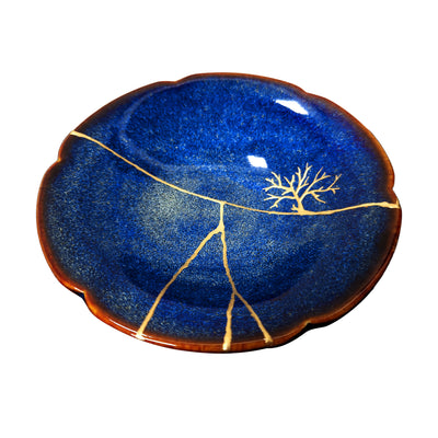Kintsugi Blue Reactive Glaze Lotus Plate, Wabi-Sabi Ceramic Art