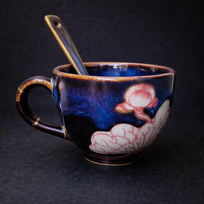 Handcrafted Deep Cosmic Blue Lotus Kintsugi Tea & Coffee Set