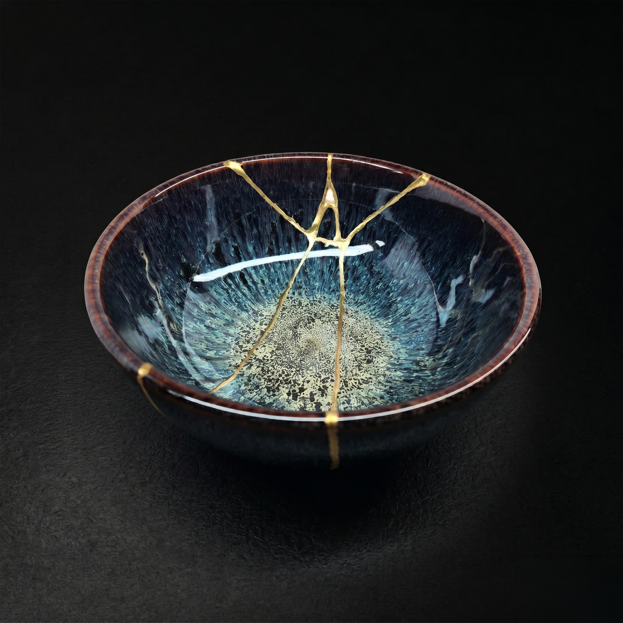 Handcrafted Sapphire Blue Reactive Kintsugi Ceramic Bowl