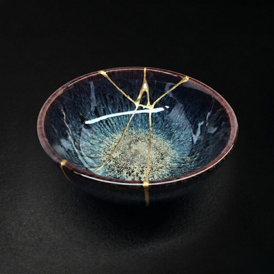 Handcrafted Sapphire Blue Reactive Kintsugi Ceramic Bowl