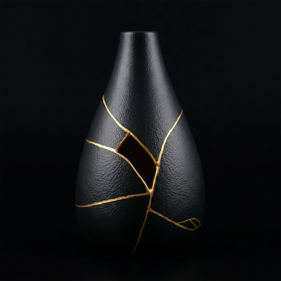 Small Black Kintsugi Ceramic Vase - Midnight Obsidian