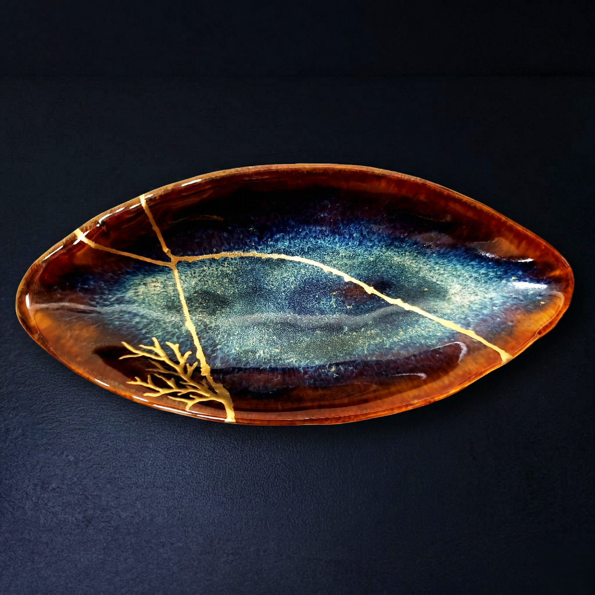 Handcrafted Deep Cosmic Blue Kintsugi Oval Boat Dish