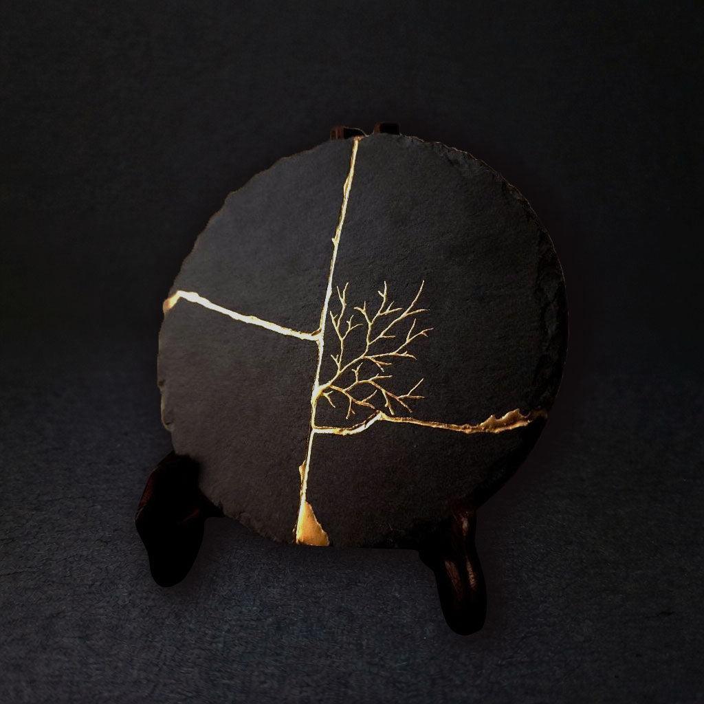 Handcrafted Natural Black Slate Kintsugi Dish with Wooden Display Stand