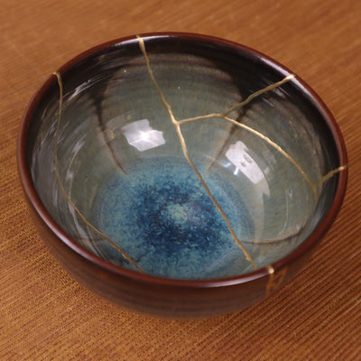 Kintsugi Blossom Bowl | Reactive Kiln-Glazed Bat Trang Ceramic | Wabi-Sabi Gold Repair Art & Zen Tea Bowl (11x6cm)