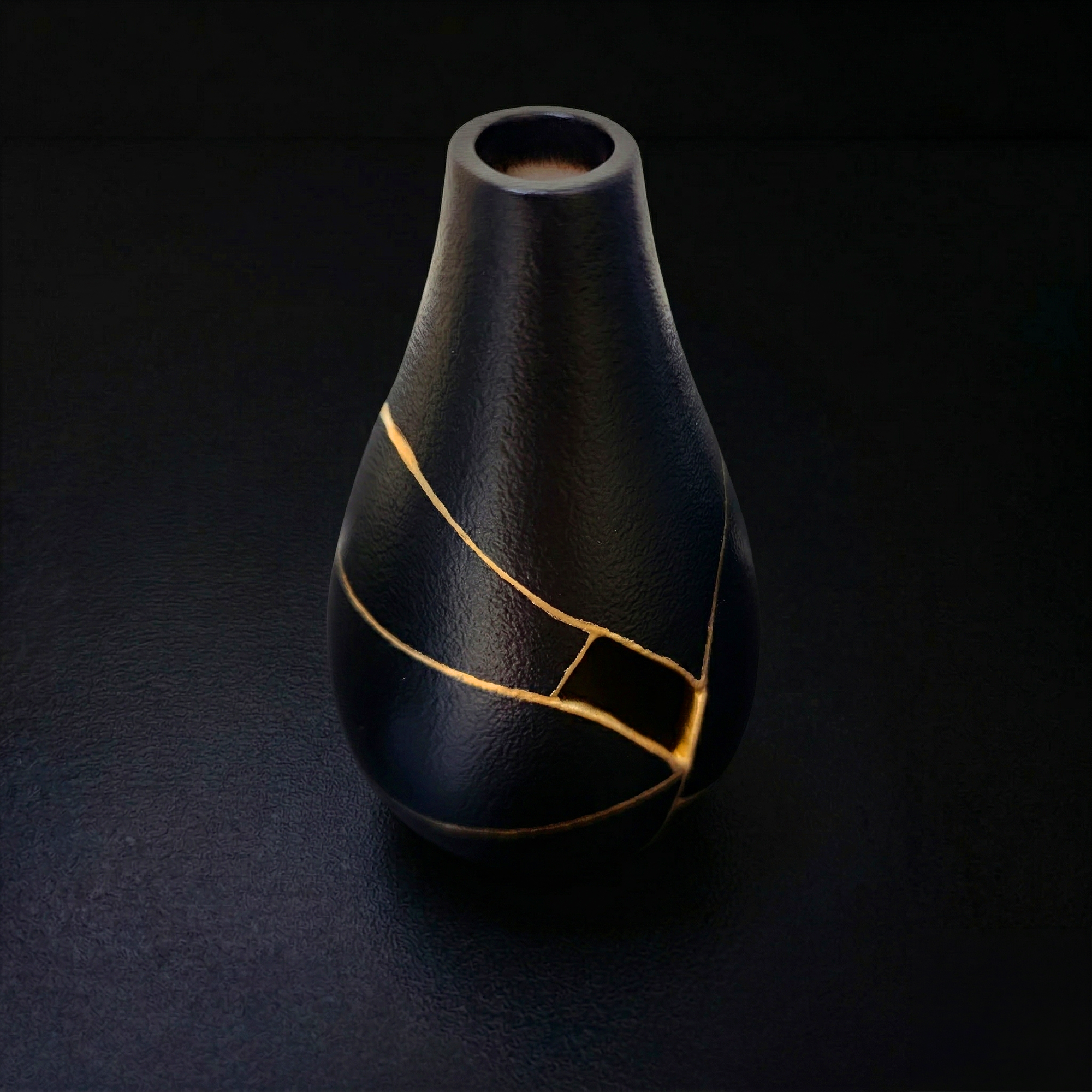 Small Black Kintsugi Ceramic Vase - Midnight Obsidian