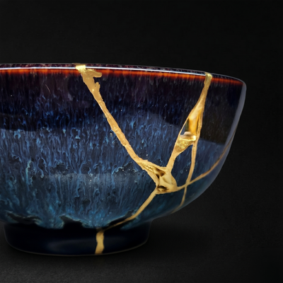 Handcrafted Sapphire Blue Reactive Kintsugi Ceramic Bowl