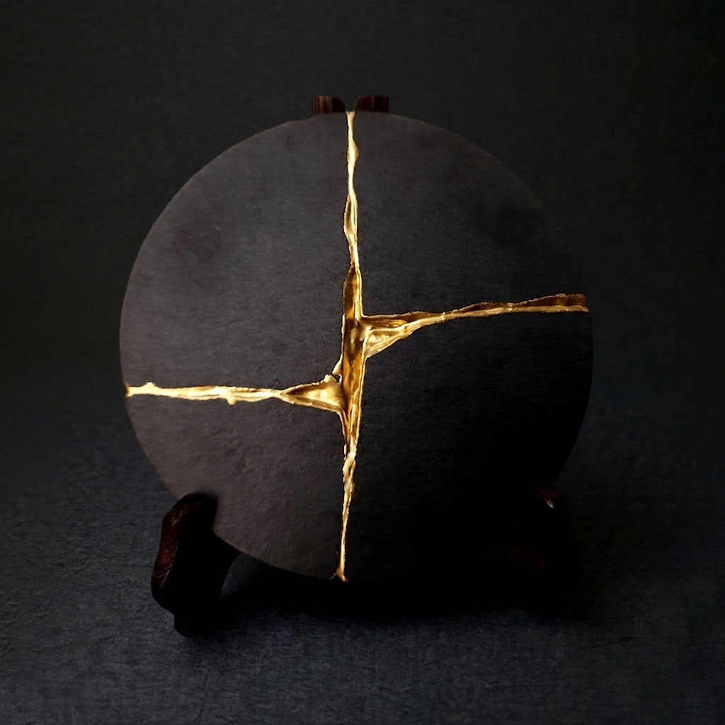 Handcrafted Natural Black Slate Kintsugi Dish with Wooden Display Stand