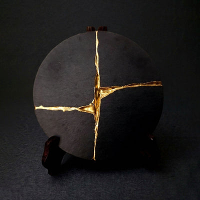 Handcrafted Natural Black Slate Kintsugi Dish with Wooden Display Stand