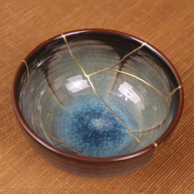 Kintsugi Blossom Bowl | Reactive Kiln-Glazed Bat Trang Ceramic | Wabi-Sabi Gold Repair Art & Zen Tea Bowl (11x6cm)