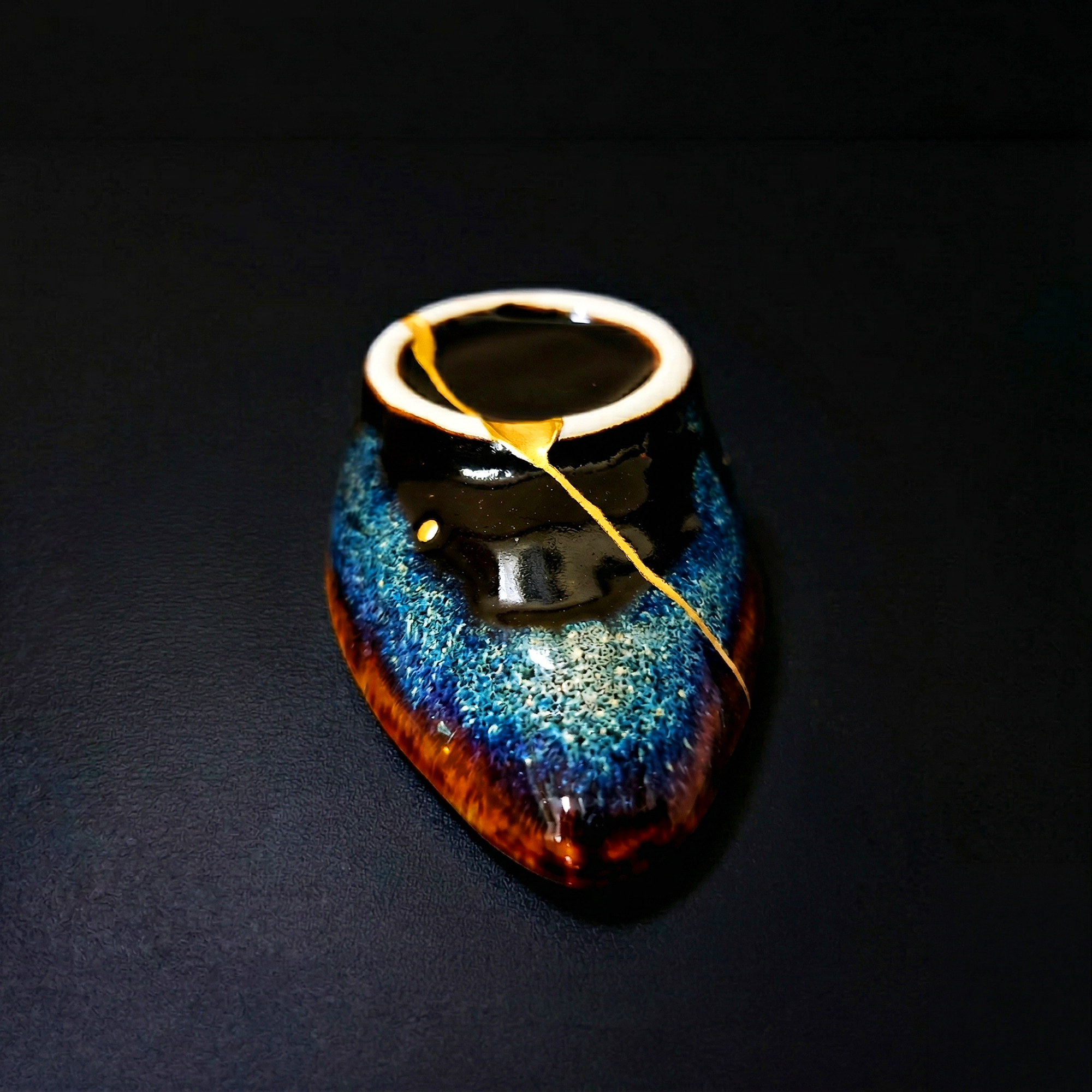 Handcrafted Deep Cosmic Blue Kintsugi Oval Boat Dish