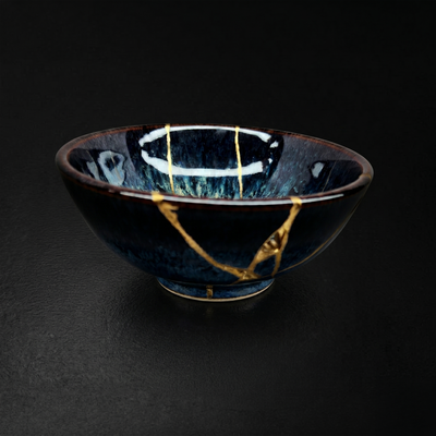 Handcrafted Sapphire Blue Reactive Kintsugi Ceramic Bowl