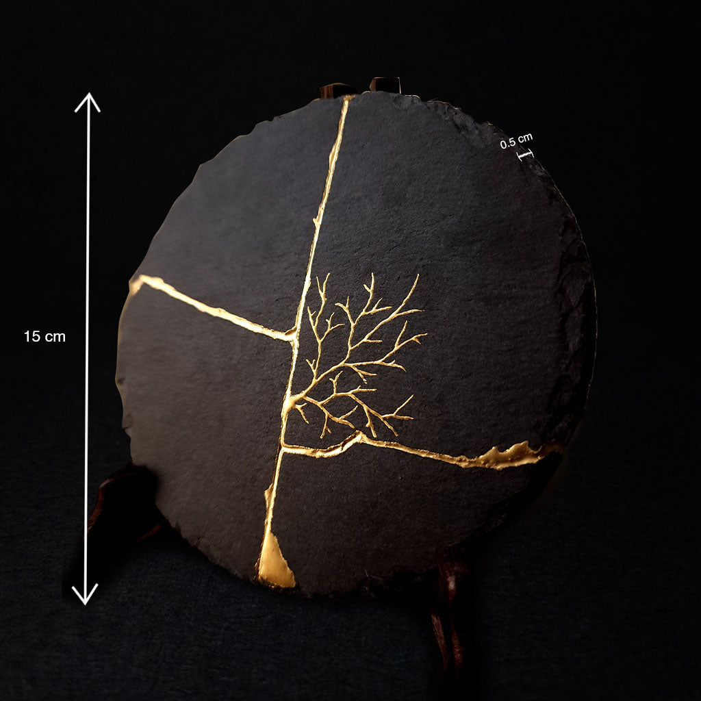 Handcrafted Natural Black Slate Kintsugi Dish with Wooden Display Stand