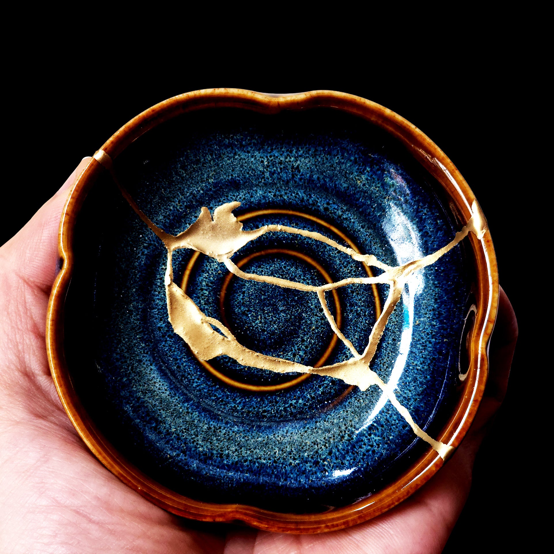 Small Deep Ocean Handcrafted Cosmic Blue Kintsugi Ceramic Bowl