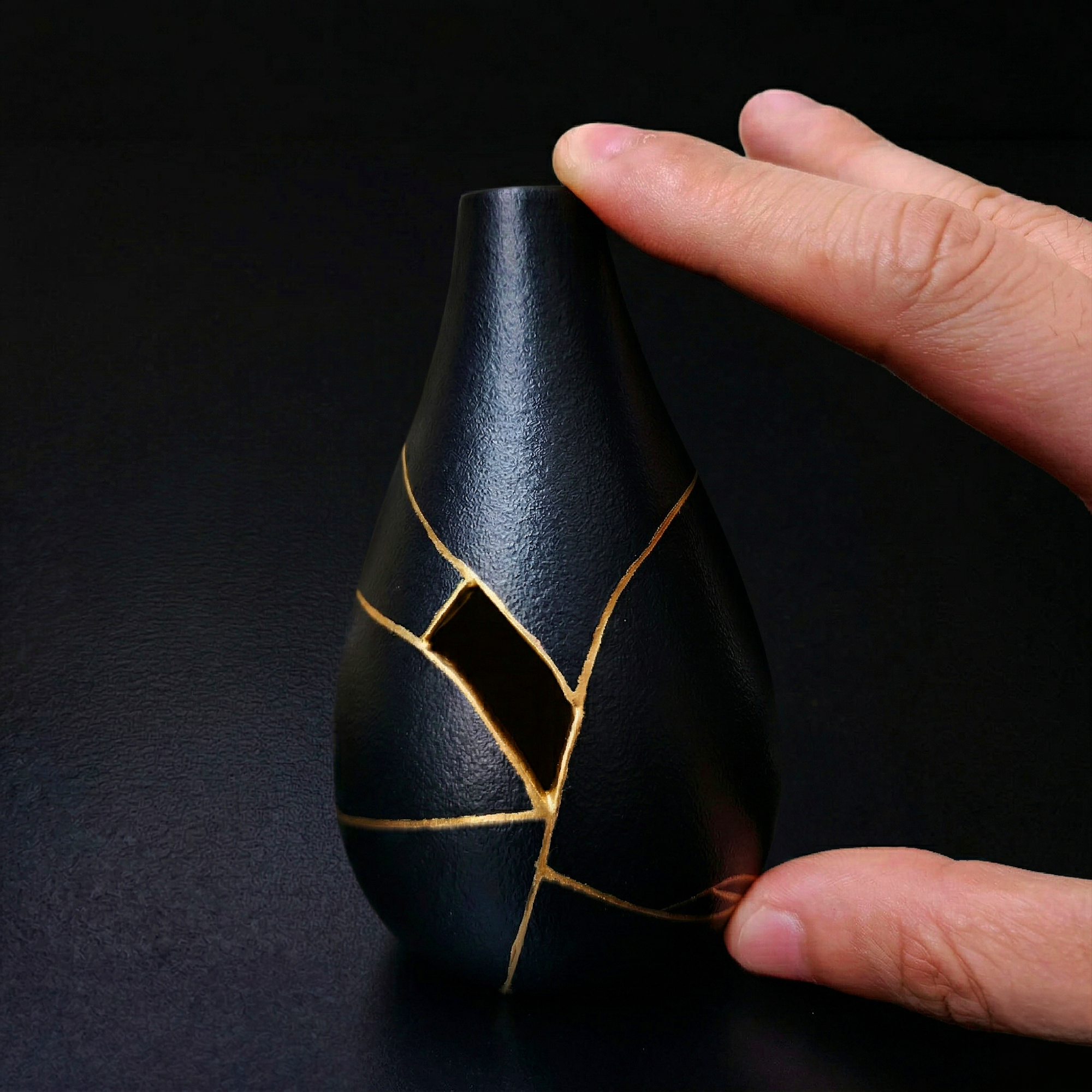 Small Black Kintsugi Ceramic Vase - Midnight Obsidian