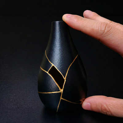 Small Black Kintsugi Ceramic Vase - Midnight Obsidian