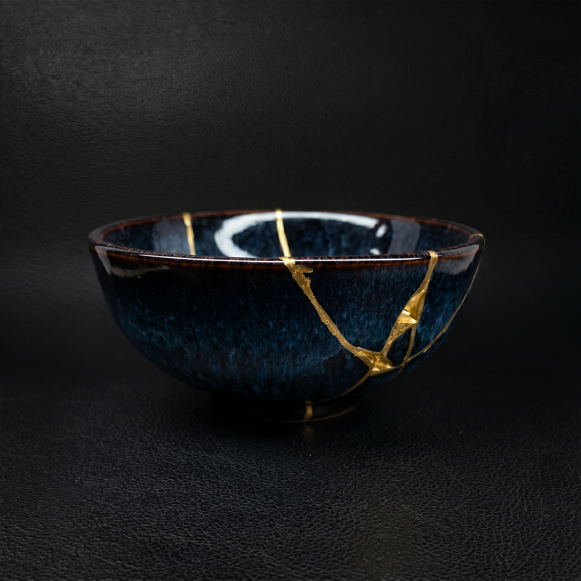 Handcrafted Sapphire Blue Reactive Kintsugi Ceramic Bowl