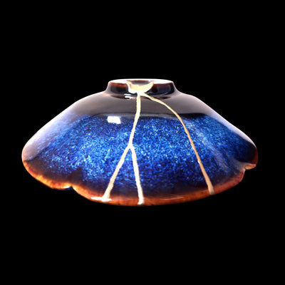 Kintsugi Blue Reactive Glaze Lotus Plate, Wabi-Sabi Ceramic Art