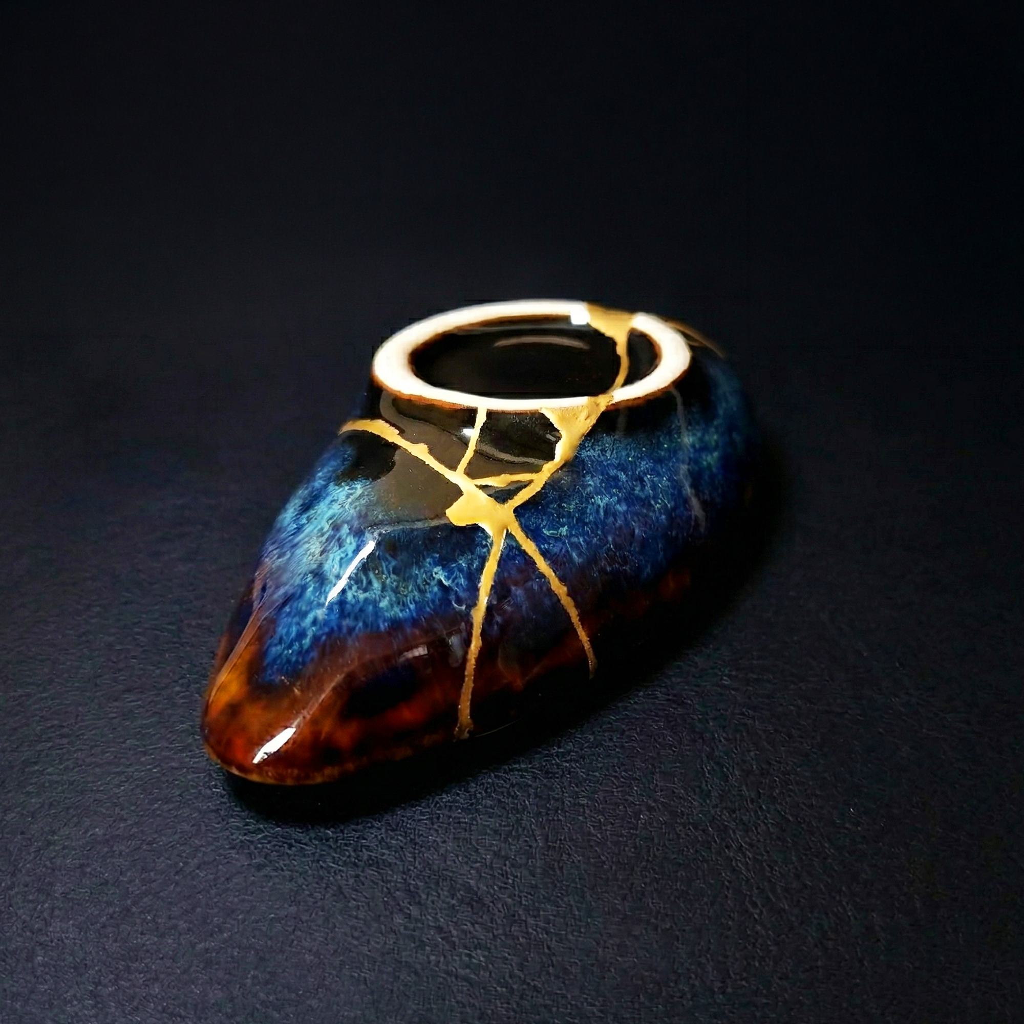 Handcrafted Deep Cosmic Blue Kintsugi Oval Boat Dish
