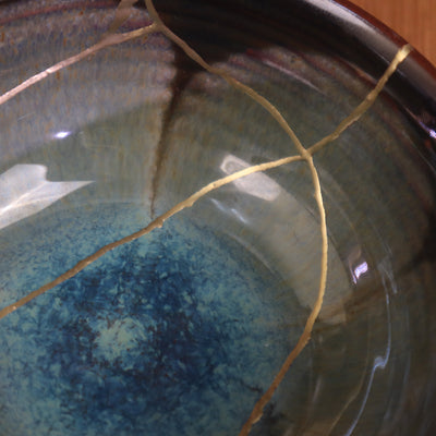 Kintsugi Blossom Bowl | Reactive Kiln-Glazed Bat Trang Ceramic | Wabi-Sabi Gold Repair Art & Zen Tea Bowl (11x6cm)