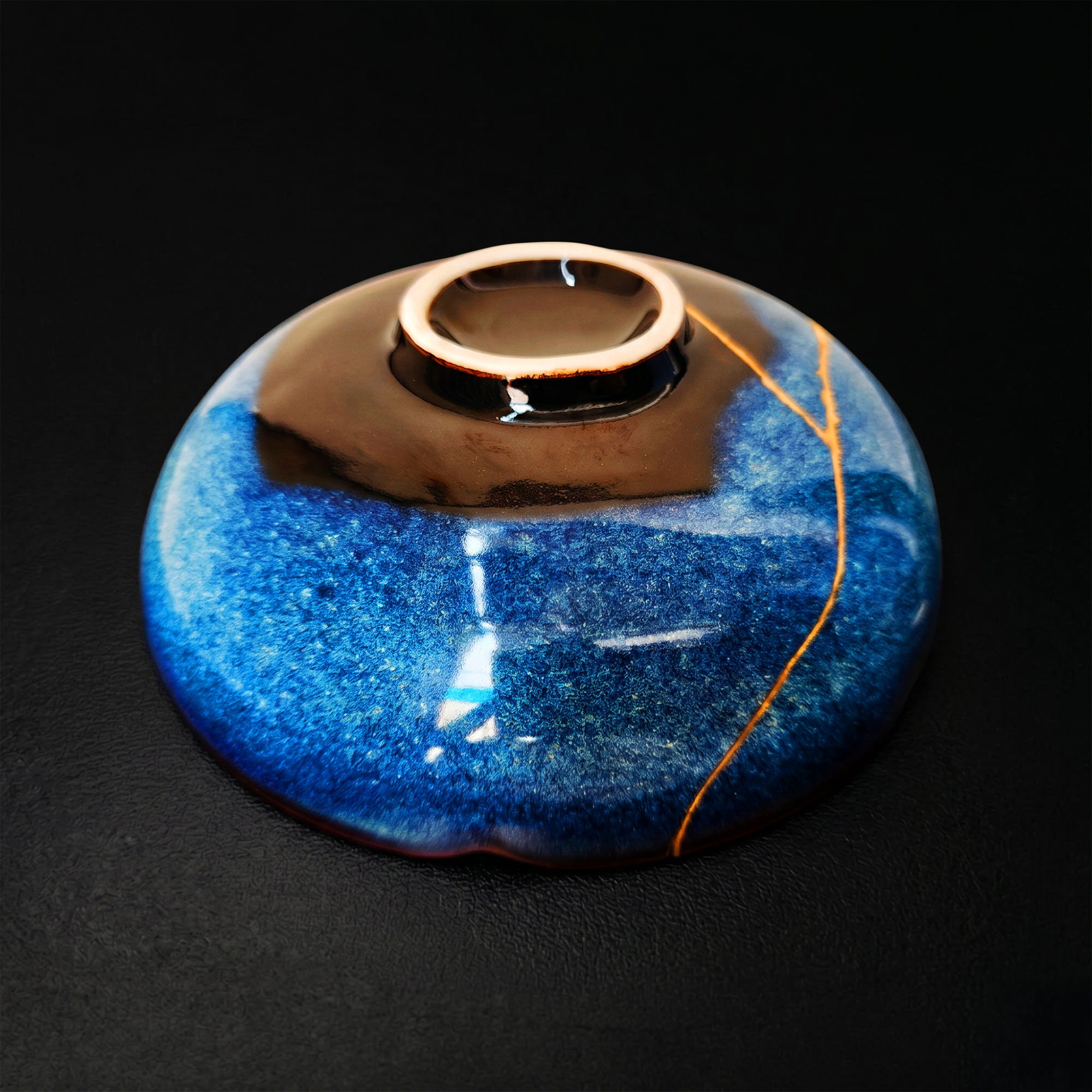 Handcrafted Cosmic Blue Lotus Drop Kintsugi Ceramic Dish