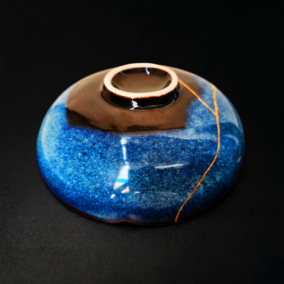 Handcrafted Cosmic Blue Lotus Drop Kintsugi Ceramic Dish